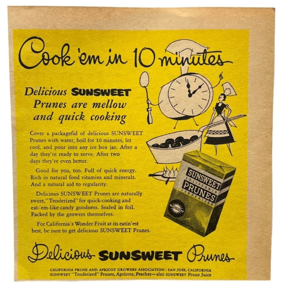 Sunsweet Prunes Vintage Print Ad 1954 San Jose California Wonder Fruit